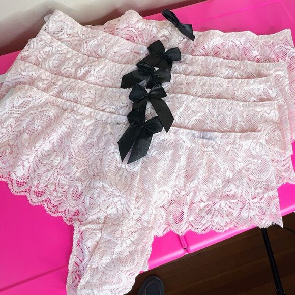 Dreamgirl Stretch Lace Overlap Satin Bow Panty 7177 Medium Light Pink Nwt - Picture 1 of 4